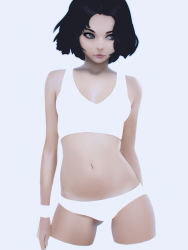 1girl arms_at_sides bare_shoulders black_hair bra chromatic_aberration closed_mouth collarbone contrapposto cropped_legs gluteal_fold grey_eyes highres ilya_kuvshinov light_smile lips looking_to_the_side navel original overexposure panties photorealistic purple_background realistic short_hair simple_background solo sports_bra standing stomach sweatband underwear underwear_only white_background white_bra white_panties rating:Sensitive score:81 user:danbooru