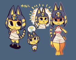  1girl :&lt; ? animal_crossing animal_ears ankha_(animal_crossing) bandages bare_shoulders blush blush_stickers bob_cut character_name closed_mouth colored_skin commentary dress egyptian emphasis_lines english_commentary eyeshadow furry furry_female hair_ornament hand_on_own_hip jackal_ears looking_at_viewer makeup nintendo outline rariatto_(ganguri) short_dress short_hair snake_hair_ornament solo spoken_question_mark standing striped_tail tail white_outline wristband yellow_skin  rating:Sensitive score:34 user:danbooru