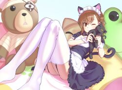  1girl 2021 20s absurdres animal_ears blush breasts cat_ears cleavage clone garter_straps gekota highres kate_honda knees_up lying maid maid_headdress misaka_imouto misaka_imouto_10032&#039;s_cat nuzzle on_back on_bed one_eye_closed small_breasts smile solo stuffed_animal stuffed_toy teddy_bear thick_thighs thighhighs thighs toaru_kagaku_no_railgun toaru_majutsu_no_index 