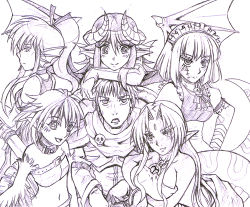  1boy 5girls annoyed armor bandages bare_shoulders bridal_gauntlets collar demon demon_girl echidna_(monster_girl_encyclopedia) feathers fins happy harem harpy harpy_(monster_girl_encyclopedia) head_fins head_rest homunculus_(monster_girl_encyclopedia) horns kenkou_cross lizard lizardman_(monster_girl_encyclopedia) long_hair looking_at_viewer looking_back lowres maid_headdress midriff monochrome monster_girl monster_girl_encyclopedia multiple_girls pointy_ears pouting profile puffy_sleeves reptile reptile_girl short_hair short_sleeves skull smile snake stitches strapless succubus_(monster_girl_encyclopedia) sword tube_top uniform weapon wings  rating:Sensitive score:35 user:Nahald