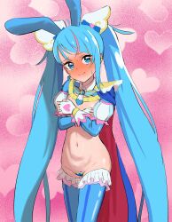  1girl absurdres animal_ears blue_eyes blue_hair blue_thighhighs blush breasts cape commission covering_breasts covering_privates cure_sky detached_sleeves embarrassed fake_animal_ears frilled_thighhighs frills gloves heart_pasties highres hirogaru_sky!_precure long_hair looking_at_viewer meme_attire navel ogi_non pasties precure puffy_detached_sleeves puffy_sleeves rabbit_ears red_cape reverse_bunnysuit reverse_outfit skeb_commission small_breasts solo sora_harewataru sweat thighhighs twintails two-sided_cape two-sided_fabric very_long_hair  rating:Questionable score:11 user:danbooru