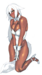  1girl animal_ears bad_id bad_pixiv_id bare_shoulders between_legs blush bow bowtie breasts cleavage dark_skin dark-skinned_female detached_collar dog_ears dog_tail gloves highres kneeling large_breasts leotard lips long_hair noriyoshi original playboy_bunny puckered_lips solo tail tail_between_legs unko_man v_arms white_gloves white_hair wrist_cuffs yellow_eyes  rating:Questionable score:33 user:danbooru