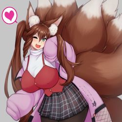  animal_ears breasts brown_hair cardigan covered_erect_nipples fang fox_ears fox_girl fox_tail green_eyes large_breasts meltyvixen pink_cardigan plushmallow skirt solo tail twintails  rating:Sensitive score:25 user:AviSevanthis