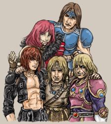  5boys abs alternate_costume annotated armor blonde_hair blue_eyes brown_hair castlevania castlevania_chronicles castlevania_i castlevania_ii:_simon&#039;s_quest castlevania_judgment crossover fingerless_gloves gloves headband jewelry konami male_focus manly midriff multiple_boys multiple_persona muscular necklace open_clothes open_shirt orange_hair red_hair scar shirt simon_belmont smile time_paradox  rating:Sensitive score:6 user:danbooru