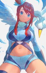  1girl blue_eyes blue_gloves blue_jacket blue_shorts blush breasts buckle closed_mouth commentary creatures_(company) dark-skinned_female dark_skin eyelashes falling_feathers feathers game_freak gen_5_pokemon gloves hair_between_eyes highres jacket large_breasts long_hair looking_at_viewer navel nintendo pokemon pokemon_(creature) pokemon_bw red_hair short_shorts shorts sidelocks skyla_(pokemon) smile strap swanna thigh_strap white_background yosame0a 