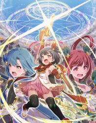  3girls absurdres arched_bangs arm_up armpits bare_shoulders black_hair black_thighhighs blue_hair blue_ribbon blue_skirt blue_sky blue_sleeves blush boots bow braid breasts commentary dagger detached_sleeves dual_wielding fantasy french_braid glint glowing_pupils green_bow green_pupils green_ribbon green_sleeves hair_ornament hair_ribbon hand_up highres holding holding_dagger holding_knife holding_polearm holding_weapon idolmaster idolmaster_million_live! idolmaster_million_live!_theater_days jacket knife kurobako_bb lens_flare long_hair long_sleeves magic_circle matsuda_arisa medium_hair miniskirt multiple_girls nakatani_iku nanao_yuriko one_side_up open_mouth outdoors pink_skirt pleated_skirt polearm puffy_detached_sleeves puffy_sleeves red_bow red_eyes red_hair red_pupils red_ribbon red_sleeves reverse_grip ribbon short_hair sidelocks skirt sky sleeveless sleeveless_jacket small_breasts star_(symbol) star_hair_ornament star_ornament thick_eyelashes thighhighs twintails twitter_username upskirt v-shaped_eyebrows weapon whip_sword white_footwear white_jacket yellow_eyes yellow_pupils zettai_ryouiki 
