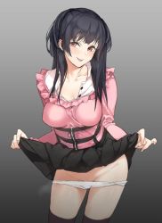  1girl black_hair black_skirt blouse blush breasts brown_eyes collarbone commentary_request fingernails gradient_background grey_background grey_thighhighs holding holding_clothes holding_skirt idolmaster idolmaster_shiny_colors k52 long_hair looking_at_viewer mayuzumi_fuyuko panties pink_shirt pleated_skirt shirt simple_background skirt smile solo standing thighhighs tongue tongue_out underwear white_panties  rating:Questionable score:45 user:danbooru