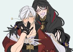  1boy 1girl bayonetta bayonetta_(series) bayonetta_3 bishounen black_hair blue_eyes braid coat crossover dante_(devil_may_cry) devil_may_cry devil_may_cry_(series) devil_may_cry_4 earrings eyeshadow facial_hair fingerless_gloves glasses gloves hair_over_one_eye jewelry lipstick long_hair looking_at_viewer makeup male_focus mole mole_under_mouth mont_spark multicolored_hair red_coat simple_background smile star_(symbol) trench_coat twin_braids white_hair 