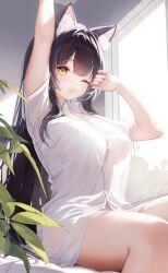  1girl :d absurdres animal_ear_fluff animal_ears bare_legs black_hair breasts button_gap cat_ears cat_girl check_copyright collared_shirt copyright_request double-parted_bangs hand_out_of_frame highres indoors kagefumi large_breasts long_hair looking_at_viewer no_pants on_bed one_eye_closed open_mouth original outstretched_arm see-through_silhouette shirt sidelocks sitting smile solo stretching white_shirt window yellow_eyes  rating:Sensitive score:9 user:danbooru