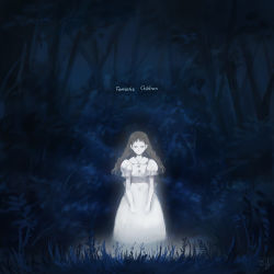  1girl brown_hair copyright_name dress fantastic_children forest grass looking_at_viewer naka_deiko nature night outdoors short_sleeves signature solo standing white_dress 