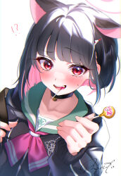  !? 1girl animal_ears black_choker black_hair black_jacket blue_archive blush candy cat_ears cat_girl choker collarbone colored_inner_hair commentary_request extra_ears food green_sailor_collar highres holding holding_candy holding_food holding_lollipop jacket kazusa_(blue_archive) lollipop looking_at_viewer meruto0924 mouth_hold multicolored_hair pink_hair red_eyes sailor_collar school_uniform serafuku short_hair simple_background solo white_background 