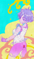  1girl ass bandaged_arm bandages bandaid bandaid_on_face bike_shorts blue_background bruise_on_arm bruise_on_leg bruise_on_neck dragon_ball dragonball_z fingerless_gloves from_side gloves grey_hair grin highres kanchiyo looking_at_viewer pink_gloves pink_shirt pink_shorts red_eyes shirt short_hair shorts smile solo standing torn_clothes torn_shirt torn_shorts videl white_shirt yellow_background  rating:Sensitive score:8 user:danbooru