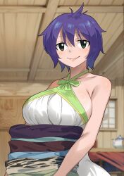  1girl breasts colorized fairy_tail gaston18 green_eyes highres kinana_(fairy_tail) large_breasts purple_hair sideboob solo  rating:Sensitive score:14 user:YuukoLover