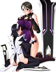  2girls ass bad_source bandages_over_clothes black_eyes black_hair black_thighhighs blush boots breasts butterfly_swords cattleya_(queen&#039;s_blade) choker cleavage crossover fingerless_gloves flipped_hair full_body glasses gloves hair_ornament hands_on_another&#039;s_hips hands_on_own_chest huge_breasts huge_weapon iroha_(samurai_spirits) japanese_clothes kneeling large_breasts leotard leotard_under_clothes long_hair looking_at_viewer looking_back maid maid_headdress mature_female mokkouyou_bond multiple_girls open_mouth planted plump ponytail queen&#039;s_blade queen&#039;s_blade_rebellion queen&#039;s_blade_unlimited queen&#039;s_blade_white_triangle queen&#039;s_gate ribbon samurai_spirits shiny_skin simple_background snk sword thigh_boots thighhighs thighs toes weapon white_background white_ribbon 