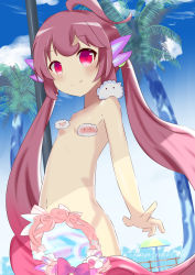 1girl bad_id bad_pixiv_id blush breasts cloud convenient_censoring day elsword hair_ornament highres laby_(elsword) long_hair looking_at_viewer midriff navel nisha_(elsword) nude palm_tree pink_eyes pink_hair radiant_soul_(elsword) sky small_breasts smile tree watermark  rating:Questionable score:6 user:Mopsikus