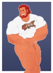  1boy bara beard beegchuungus blue_background facial_hair fate/grand_order fate/zero fate_(series) flexing hairy highres iskandar_(fate) large_pectorals looking_at_another male_focus male_underwear manly mature_male muscular muscular_male no_pants pectorals red_eyes red_hair shirt short_hair simple_background smirk solo teeth thick_arms thick_eyebrows thick_thighs thighs tight_clothes underwear very_hairy 