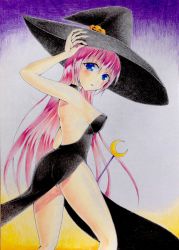  00s 1girl ass back bare_back bare_shoulders blue_eyes blush breasts costume halloween halloween_costume hat highres large_breasts long_hair looking_at_viewer megurine_luka panties panty_peek pink_hair sideboob solo standing traditional_media tsukimizakura underwear vocaloid white_panties witch_hat 