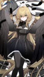  1girl absurdres arms_behind_head black_dress black_pantyhose black_wings blonde_hair blush closed_mouth dress falling_feathers feathered_wings feathers feet_out_of_frame floating_hair frilled_dress frills green_eyes hair_between_eyes highres knees_together_feet_apart long_hair long_sleeves looking_at_viewer original own_hands_together pantyhose shirt sidelocks simple_background smile solo very_long_hair wangmon white_background white_shirt wings 