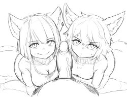  2girls animal_ears breasts cat_ears cat_girl cat_tail cleavage copyright_request erection greenopi highres looking_at_viewer medium_breasts multiple_girls pov pov_crotch short_hair simple_background sketch smile sweatdrop tail uncensored white_background  rating:Explicit score:32 user:danbooru