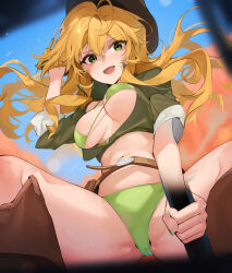  1girl belt bikini blonde_hair blue_sky breasts brown_belt brown_footwear commentary_request commission cowboy_hat crop_top cropped_legs cropped_shirt fingernails from_below green_bikini green_eyes green_nails green_shirt groin hair_between_eyes hat highres holding hoshii_miki idolmaster idolmaster_(classic) koyo_akio long_hair medium_breasts nail_polish navel open_mouth shirt skeb_commission sky smile solo spread_legs stomach swimsuit unaligned_breasts 