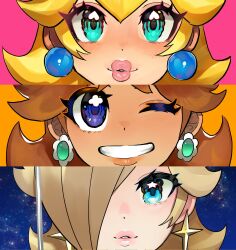  3girls aqua_eyes blonde_hair blue_eyes brown_hair close-up commentary dancho_no_mori earrings english_commentary gem green_gemstone hair_over_one_eye highres jewelry lipstick looking_at_viewer makeup mario_(series) multiple_girls nintendo one_eye_closed orange_background parted_lips pink_background princess_daisy princess_peach rosalina sky star_(sky) star_(symbol) star_earrings starry_sky super_mario_galaxy  rating:General score:10 user:danbooru