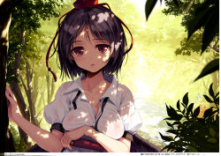 1girl absurdres black_hair blush breast_hold breasts covered_erect_nipples dappled_sunlight day dress_shirt forest hat highres ke-ta leaf looking_at_viewer medium_breasts nature non-web_source notebook open_clothes open_mouth open_shirt outdoors red_eyes see-through see-through_silhouette shameimaru_aya shirt short_hair solo sunlight tokin_hat touhou translation_request tree tree_shade unbuttoned upper_body wings rating:Questionable score:21 user:danbooru