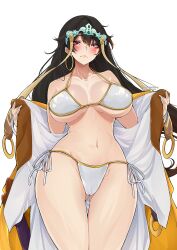  1girl absurdres bare_shoulders bikini black_hair blush breasts cleavage collarbone earrings fate/grand_order fate_(series) gluteal_fold hair_between_eyes headpiece highres hoop_earrings japanese_clothes jewelry kimono large_breasts long_hair long_sleeves long_xue looking_at_viewer navel off_shoulder orange_eyes solo swimsuit thighs vest white_bikini white_kimono wide_sleeves xuangzang_sanzang_(fate) yellow_vest 