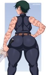  1girl alternate_costume alternate_hair_length alternate_hairstyle asian ass bare_arms bare_shoulders black_pants black_shirt burn_mark burn_scar burn_victim colored_sclera curvy facial_scar from_behind full_body highres holding holding_weapon huge_ass jujutsu_kaisen long_hair looking_at_viewer looking_back luckyshazo markings official_alternate_costume pants scar scar_across_eye scar_on_arm scar_on_cheek scar_on_face scarred shirt short_hair thick_thighs thighs very_long_hair weapon wide_hips zenin_maki  rating:Questionable score:66 user:THEPIKACHUTHATLOVESBIGBOOTYFEMALES