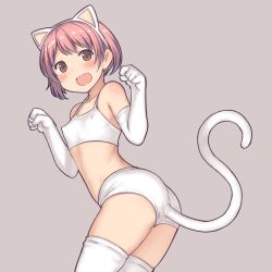 1girl :d aaaa_(quad-a) animal_ears bad_id bad_pixiv_id blush breasts brown_background brown_eyes cat_ears cat_tail covered_erect_nipples elbow_gloves fake_animal_ears gloves highres looking_at_viewer open_mouth original paw_pose pink_hair short_hair simple_background small_breasts smile solo standing tail thighhighs white_gloves white_thighhighs rating:Questionable score:83 user:danbooru