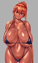  1girl arm_at_side bare_arms bare_shoulders bikini black_bikini breasts brown_eyes cleavage closed_mouth collarbone cowboy_shot dark-skinned_female dark_skin futaba_channel grey_background hair_between_eyes hand_on_own_chest hand_up head_tilt huge_breasts kudoi kuma_(kumahoihoi) long_hair looking_at_viewer nijiura_maids orange_hair outline ponytail shiny_skin skindentation smile solo standing straight-on swimsuit underboob white_outline 