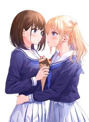  2girls blonde_hair blue_eyes blue_neckerchief blush brown_hair chestnut_mouth chocolate_syrup commentary_request crepe food from_side fruit hair_ornament hairclip hand_on_another&#039;s_hip highres holding holding_food light_frown long_sleeves looking_at_another medium_hair multiple_girls neckerchief original pasdar pleated_skirt purple_eyes sailor_collar school_uniform serafuku short_hair sidelocks simple_background skirt strawberry twintails white_background white_sailor_collar white_skirt yuri 