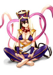  1girl bead_necklace beads bikini black_hair breasts cleavage closed_mouth earrings fate/grand_order fate_(series) feet hair_between_eyes hat highres hoop_earrings jewelry large_breasts long_hair looking_at_viewer marubonman necklace prayer_beads purple_eyes simple_background smile solo swimsuit thighhighs white_background xuangzang_sanzang_(fate) 