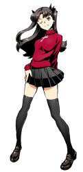  1girl absurdres arm_behind_back black_eyes black_hair black_ribbon black_skirt black_thighhighs breasts brown_footwear commentary_request fate/stay_night fate_(series) floating_hair full_body hair_ribbon highres kurai_nao long_hair looking_at_viewer medium_breasts miniskirt one_eye_closed pleated_skirt red_shirt revision ribbon shiny_clothes shirt shoes simple_background skirt solo standing thighhighs tohsaka_rin white_background zettai_ryouiki 