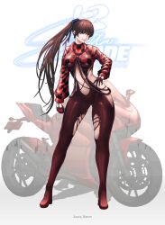  1girl absurdres azura_anblue blunt_bangs bodysuit breasts brown_eyes brown_hair checkered_clothes clothing_cutout commentary copyright_name cropped_hoodie ducati english_commentary eve_(stellar_blade) gloves hair_ornament half_gloves hand_on_own_hip highres hood hoodie large_breasts long_hair looking_at_viewer motor_vehicle motorcycle navel ponytail racer&#039;s_high_(stellar_blade) red_bodysuit red_gloves red_hoodie skin_tight smile solo stellar_blade very_long_hair white_background 