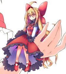  1girl ahoge alice_margatroid alternate_costume blonde_hair blush bow commentary doll dondyuruma dress frilled_dress frills hair_bow high_heels hourai_doll long_hair long_sleeves looking_at_viewer red_bow red_dress red_eyes red_footwear sitting sitting_on_hand solo touhou very_long_hair 