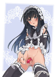  1boy black_eyes black_hair black_lips black_nails black_ribbon black_thighhighs blue_background border chastity_cage clothed_masturbation crossdressing cum cum_in_ass cup detached_sleeves highres holding holding_cup lipstick long_hair looking_down maid maid_headdress makeup male_focus male_masturbation male_penetrated masturbation meito moyashimon mubo nail_polish ribbon small_penis solo sweat thighhighs trap white_background white_border yuuki_kei 