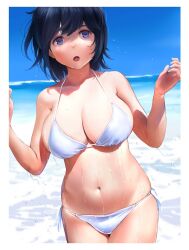  1girl bikini blue_eyes blue_hair breasts cleavage commentary_request dark_blue_hair halterneck highres kantai_collection large_breasts navel ocean open_mouth outdoors short_hair side-tie_bikini_bottom solo souryuu_(kancolle) swimsuit wa_(genryusui) wet white_bikini 