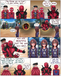  3girls 5boys absurdres angry black_hair braid brown_hair closed_eyes comic crossover deadpool deadpool_(series) doctor_strange emergence_(shindol) english_text glasses happy highres idiot_of_the_east marvel marvel_cinematic_universe multiple_boys multiple_girls portal_(object) school school_uniform smile spider-man spider-man:_into_the_spider-verse spider-man:_no_way_home spider-man_(series) spider-verse thumbs_up twin_braids twintails yoshida_saki  rating:General score:29 user:danbooru