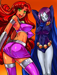 2girls animification ass ass_focus bad_id bad_pixiv_id belt breasts cape cartoon_network colored_skin covered_erect_nipples dc_comics forehead_jewel from_behind gorget green_eyes grey_skin impossible_clothes large_breasts long_hair midriff multiple_girls orange_skin purple_hair purple_skirt raven_(dc) red_hair short_hair skirt smile starfire tan teen_titans thighhighs warainaku rating:Sensitive score:208 user:danbooru