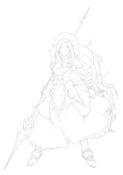  1girl armor armored_dress dokidoki!_precure gauntlets greaves greyscale highres kazuma_muramasa lineart long_hair looking_up marie_ange monochrome parted_lips polearm precure simple_background solo spear very_long_hair weapon white_background 