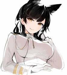  1girl animal_ears atago_(azur_lane) azur_lane black_hair bow breasts closed_mouth coat commentary_request dog_ears double_breast_sucking from_below gloves hair_bow large_breasts long_hair long_sleeves looking_at_viewer looking_down medium_bangs simple_background smile solo tugmix upper_body white_background white_bow white_coat white_gloves yellow_eyes 