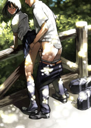  1boy 1girl absurdres ass bad_id bad_pixiv_id bag bent_over black_eyes black_hair blush clothed_sex clothes_lift clothes_pull condom condom_wrapper dappled_sunlight day doggystyle feet fence hetero highres kneehighs looking_back open_mouth original outdoors pants pants_pull penis railing school_bag school_uniform sex sex_from_behind shirt shoe_dangle short_sleeves skirt skirt_lift socks standing sunlight tiptoes uncensored underwear vaginal yomu_(sgt_epper)  rating:Explicit score:173 user:danbooru