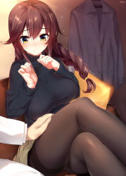  10s 1girl admiral_(kancolle) alternate_costume black_sweater blush braid breasts brown_hair casual crossed_legs dragonmaterial flustered green_eyes hand_on_another&#039;s_thigh jacket kantai_collection large_breasts legs long_hair long_sleeves noshiro_(kancolle) pantyhose pillow pleated_skirt ribbed_sweater shiny_clothes sidelocks sitting skirt solo_focus sweatdrop sweater thighband_pantyhose thighs turtleneck yellow_skirt 