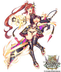 1girl :d armor armored_boots armpits bare_shoulders black_panties blue_eyes blush boots brave_girl_ravens breasts character_request cleavage cleavage_cutout clothing_cutout copyright_name elbow_gloves full_body gauntlets gloves groin hair_ornament holding holding_sword holding_weapon horosuke huge_weapon large_breasts long_hair looking_at_viewer official_art open_mouth panties red_hair showgirl_skirt side_ponytail simple_background smile solo standing sword thigh_boots thighhighs underboob underwear very_long_hair weapon white_background rating:Sensitive score:23 user:danbooru