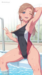  1girl absurdres areola_slip arm_behind_head armpits black_one-piece_swimsuit breasts clothes_pull commentary_request competition_swimsuit feet_out_of_frame grey_eyes highleg highleg_swimsuit highres kanikatsuya light_brown_hair long_hair one-piece_swimsuit one-piece_swimsuit_pull one_eye_closed open_mouth original pool_ladder poolside presenting_armpit sitting small_breasts smile soaking_feet solo swimsuit teeth upper_teeth_only water 