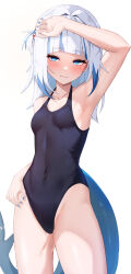  1girl absurdres armpits black_one-piece_swimsuit blue_eyes blue_hair blue_nails blunt_bangs blush breasts covered_navel fins fish_tail gawr_gura hair_ornament highres hololive hololive_english lessone looking_at_viewer medium_hair multicolored_hair one-piece_swimsuit shark_hair_ornament shark_tail sidelocks simple_background small_breasts smile solo streaked_hair swimsuit tail two_side_up virtual_youtuber white_background white_hair  rating:Sensitive score:53 user:danbooru
