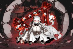  1girl abyssal_ship black_footwear breasts character_name cleavage closed_mouth colored_skin copyright_name cracked_skin dress enemy_aircraft_(kancolle) glowing glowing_eyes highres horns kantai_collection large_breasts long_hair long_sleeves looking_at_viewer midway_princess oso_(toolate) red_eyes shoes sitting teeth tongue very_long_hair white_dress white_hair white_skin 