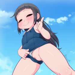  1girl black_hair blue_background blue_sky blush brown_eyes cleft_of_venus clitoris_slip clothing_aside covered_erect_nipples exhibitionism fat_mons female_focus flashing flat_chest from_below hand_up highres index_finger_raised kionant loli long_hair looking_at_viewer nipples one-piece_swimsuit original outdoors public_indecency pussy pussy_peek signature sky smile smug solo standing swimsuit swimsuit_aside uncensored  rating:Explicit score:333 user:danbooru