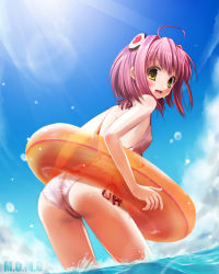  00s 1girl ahoge ass bad_id bad_pixiv_id bare_arms bare_shoulders blue_sky blush breasts casual_one-piece_swimsuit cloud covered_erect_nipples dutch_angle flat_chest hair_ornament halterneck happy innertube lens_flare light_rays loli looking_at_viewer looking_back m.o.m.o. nipples one-piece_swimsuit pink_hair scarlet_(studioscr) sea_spray short_hair sky smile solo standing string sunbeam sunlight swim_ring swimsuit trefoil wading water wet xenosaga yellow_eyes  rating:Questionable score:40 user:danbooru