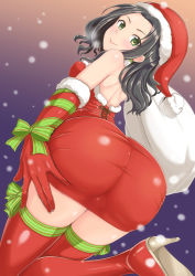 10s 1girl ass bag bare_shoulders black_hair blush boots breasts brown_hair cameltoe dan_(orange_train) dress earrings elbow_gloves from_behind from_below gloves green_eyes hat high_heel_boots high_heels holly huge_ass idolmaster idolmaster_cinderella_girls jewelry long_hair looking_at_viewer looking_back ribbon santa_costume santa_hat shiny_clothes shiny_skin sideboob skin_tight skirt smile snow snowing solo soma_natsumi strapless strapless_dress thigh_boots thighhighs tight_clothes rating:Questionable score:37 user:armorcrystal